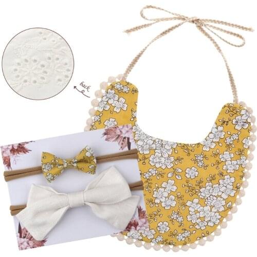 45BF 1 Set Baby Printing Bowknot Headband Bibs Set Double Sided Soft Cotton Feeding Saliva Towel Bandana Scarf Hair Band Kit