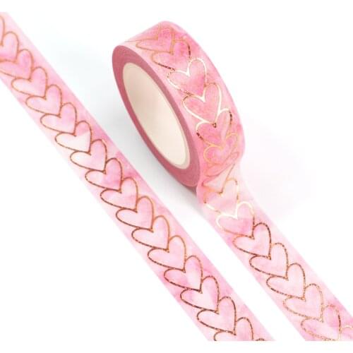 1PC 15MM*10M Foil Yellow Heart Pink Decorative Washi Tape DIY Scrapbooking Masking Tape School Office Supply