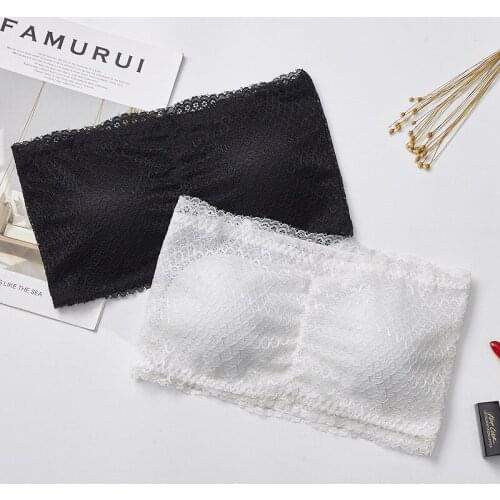 1pcs New Women Elastic Strapless Bra, White Black Sexy Lace Tube Top Bandeau Crop Tank Seamless Padded Underwear 58-90cm