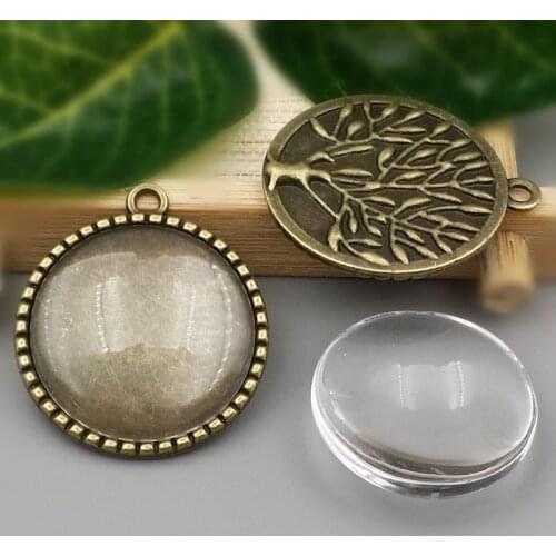 10sets/lot 25mm Antique Bronze/silver Round Alloy Cameo base Setting Pendant +Clear Glass Cabochons Jewelry Accessories A1026