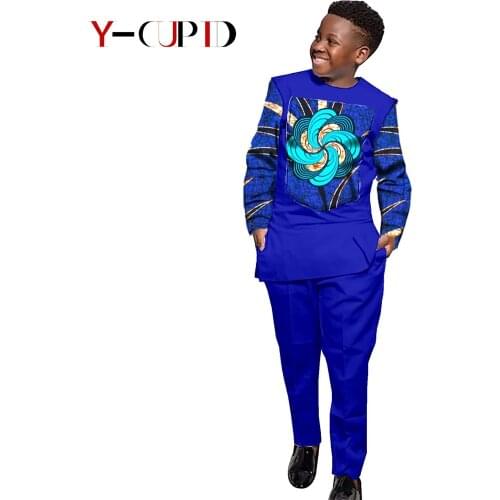 African Clothes for Kids Boys Outfits Bazin Riche Children Print Patchwork Long Sleeve Top and Pants Sets Ankara Suits YS204004