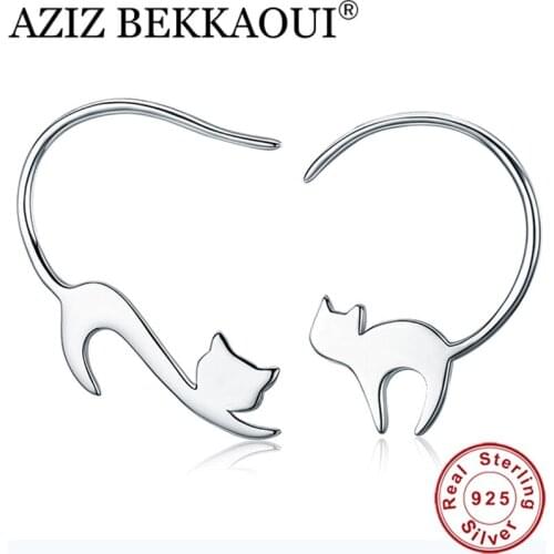 AZIZ BEKKAOUI 100% 925 Sterling Silver Earrings Female Stud Sterling-silver-jewelry Charming Silver Earrings Naughty Cat-shaped