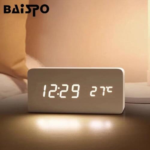 BAISPO Wooden Led Digital Intelligent Voice Control Alarm Clock Usb/aaa Desktop Electronic Clock with Calendar and Temperature
