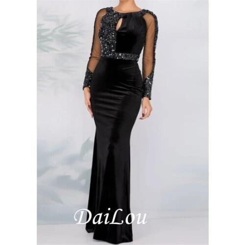 Sheath / Column Sparkle Wedding Guest Formal Evening Dress Jewel Neck Long Sleeve Floor Length Tulle Velvet with Crystals Sequin