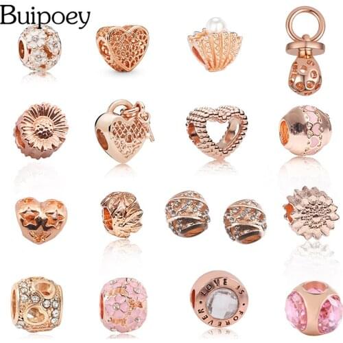 Buipoey 2pcs Rose Gold Beaded Tree of Life Heart Crystal Charm Fit Bracelet Bangle Women Men Necklace Fine Popular Jewelry Gift