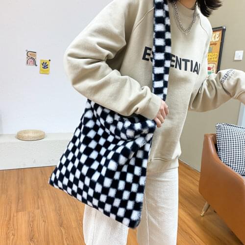 Black White Plaid Shoulder Bags for Women Winter Fashion Ladies Soft Plush Crossbody Bag Female Student Girls Book Tote Handbags
