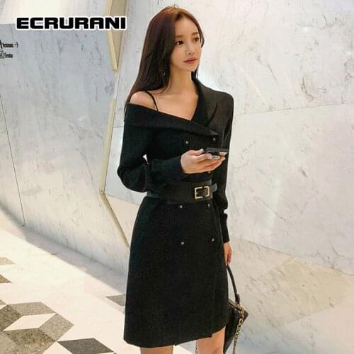 ECRURANI Korean Black Dress For Women V Color Long Sleeve Off Shoulder Temperament High Waist Slim Mini Dresses Female New Tide