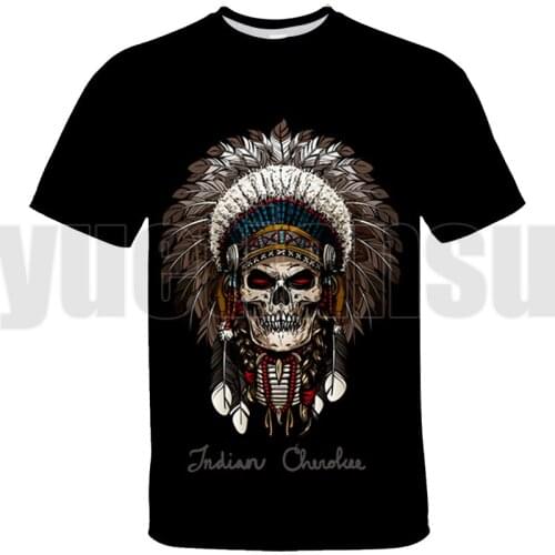 Funny Design Tee Shirt Women Tops 3D Print Unix Men Fashion Indian Skull Pattern T-Shirt Short Sleeve Black Cotton Tee Shirt