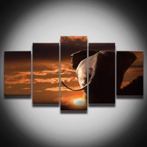 Spray Printed African Elephant Back Unframed Painting Canvas Art 5 Panels Sunset Landscape Wall Decor For Room Print Poster