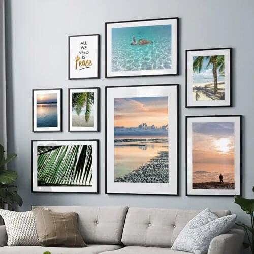 Seaside Sunset Beach Palm Tree Leaves Turtle Quotes Wall Art Print Canvas Painting Nordic Poster Decor Pictures For Living Room