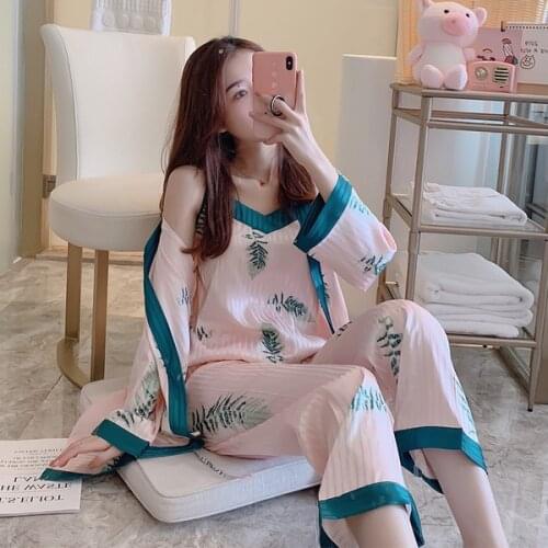 Foply Woman New Spring Pajamas Set Sling 3 Pieces Satin Faux Silk Autumn Summer Printing Casual Sleepwear Women Home Wear Pj Set