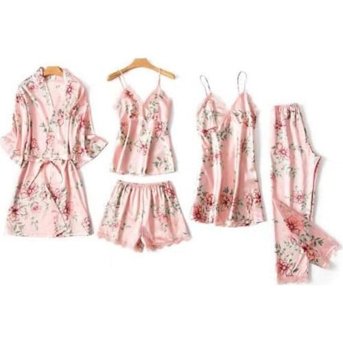 67b-34b-2Five-Piece Pajamas Womens Summer Ice Thin Silk Suspender Shorts Suit Sexy Printed Tape Chest Pad Nightdress Home Wear