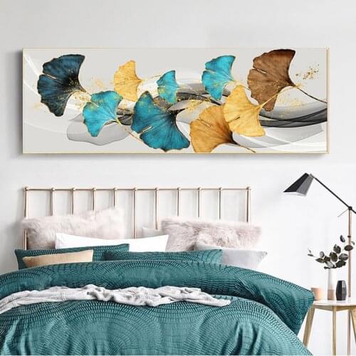 Nordic Poster Yellow and Blue Ginkgo Leaves Oil Painting on Canvas Print Wall Art Picture for Living Room Home Decor Frameless