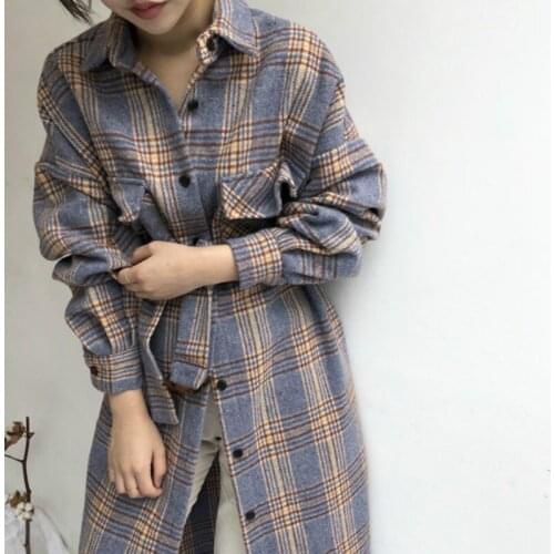 Long Sleeve Outwear Vintage Autumn Jacket Cloak Women Winter Long Elegant Shirt Coat Long Sleeve Plus Size Woolen Plaid Overcoat