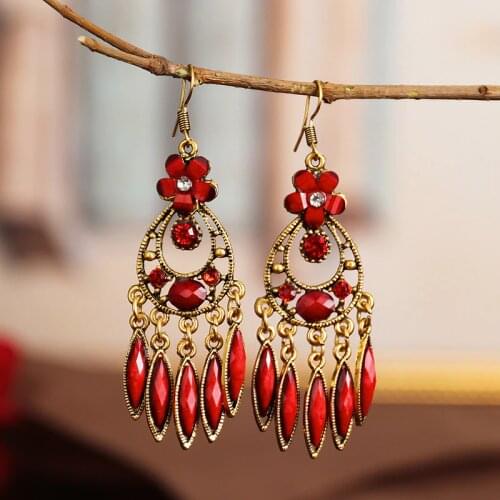 Vintage Indian Jhumka Women Red Tassel Drop Earrings Gypsy Jewelry Bohemian Ethnic Flower Carved Alloy Earring