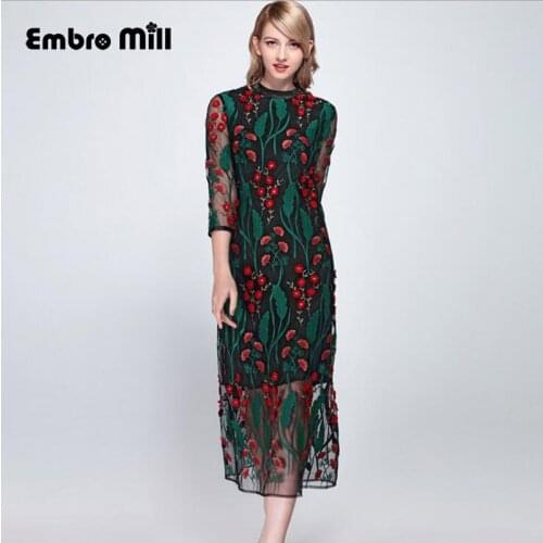 High-end spring Retro women embroidery Chain flower splice Mesh slim Lady Boutique Seven-quarter sleeve lady Long dress S-XL