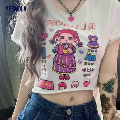 YESMOLA Harajuku Cartoon Girl Doll Print Cute Japanese Style Women T-shirts Y2k High Waist Exposed Navel Female Slim Tee Top