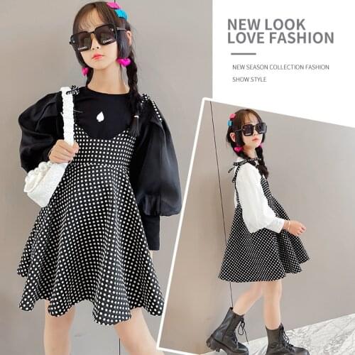 Girls' suit skirt spring and autumn 2021 new fashion big boy puff sleeve little girl polka dot suspender skirt two-piece