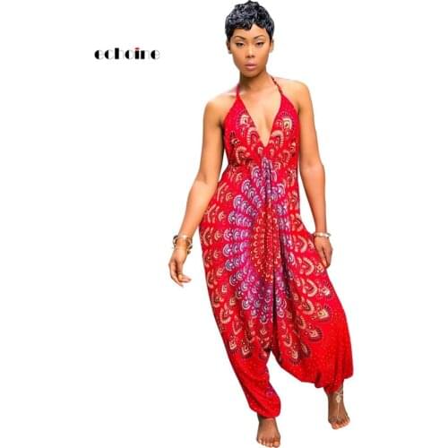 Echoine Women Jumpsuit National Style Print Sexy V-Neck Halter Backless Spaghetti Strap Sleeveless Loose Long Pant Female Romper