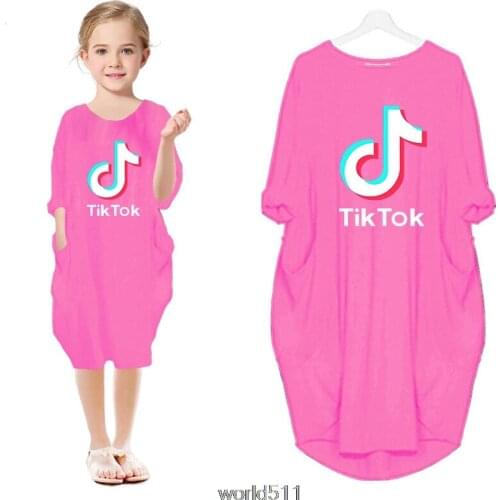 Tik Tok Women Dress 2021 Girls Cartoon Pattern Casual Letter O-Neck Dresses knee-length Girl Summer Plus vestido family clothing