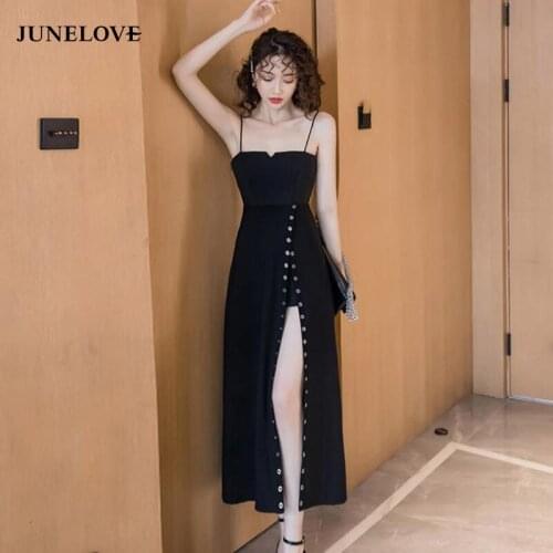 JuneLove Summer Black Sleeveless Spaghetti Strap Dress Women Slash Neck A-Line Midi Dress Split Sexy High Waist Woman Dress Tide