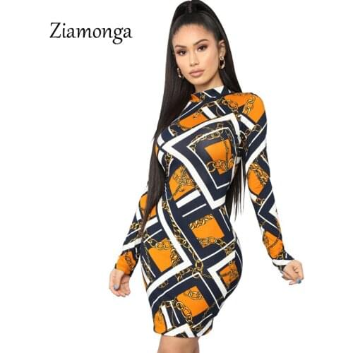 Ziamonga Chain Print Spring Dress Women Fashion Vintage Mini Sexy Bodycon Dress Long Sleeve Casual Women Party Dress Short 2019