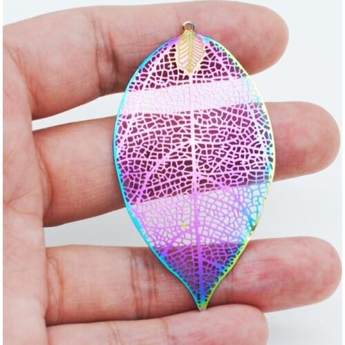 10PCS Stainless Steel Hollow Drop Filigree Stamping Pendants Leaf Rainbow Colors Filigree Charms For Jewelry Finding