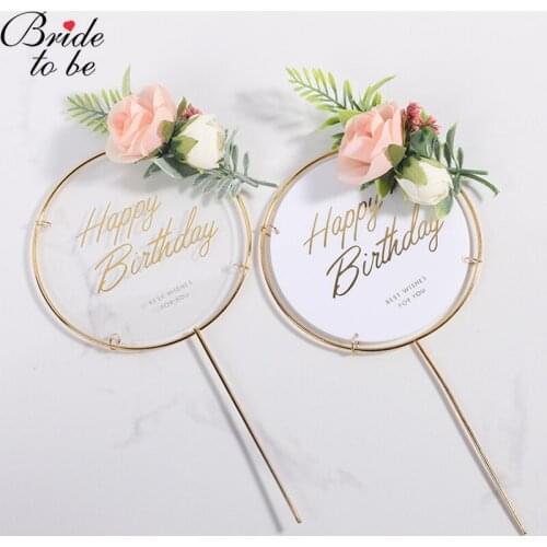 12 PCS Cake Topper Decoration for Birthday Party Forest Flowers Happy Birthday Golden Floral Acrylic Baby Shower Baking Supplies
