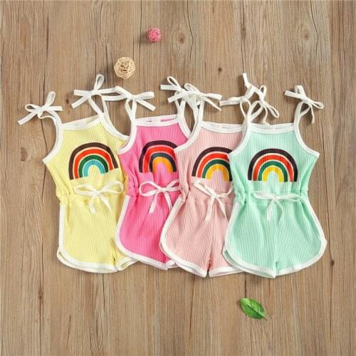 2021 Casual Cotton Girls Sleeveless Rompers Rainbow Printed Pattern Off-the-shoulder Suspender One-piece Infant Clothing