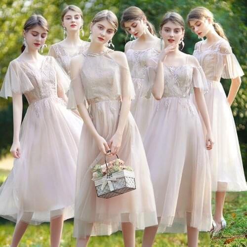 2021 Long Sleeve Dresses Sweet Memory Woman Gauze Blue Pink Wedding Party Robe Bride Guest Tulle Bridesmaid Dress