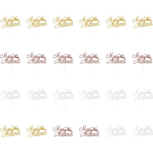 24pcs Merry Christmas Letter Cake Picks Deer Pattern Cupcake Decoration Cake Topper Party Supplies (Rose Gold + Gold + Silver)