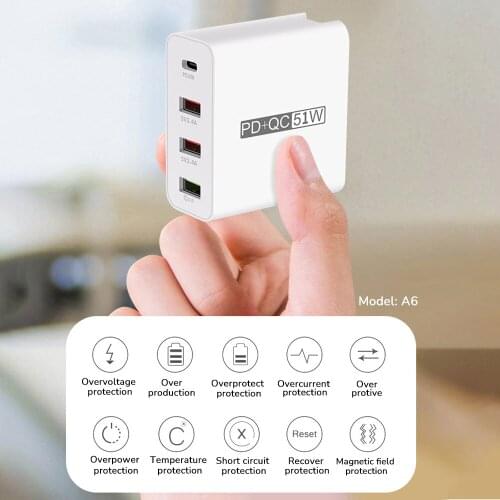 PD USB 4Port 51W Type C Charger EU/US/UK/AU Adapter Fast Charge USB PD 3.0 Mobile Phone Charger For iPhone 12 Pro Max Xiaomi