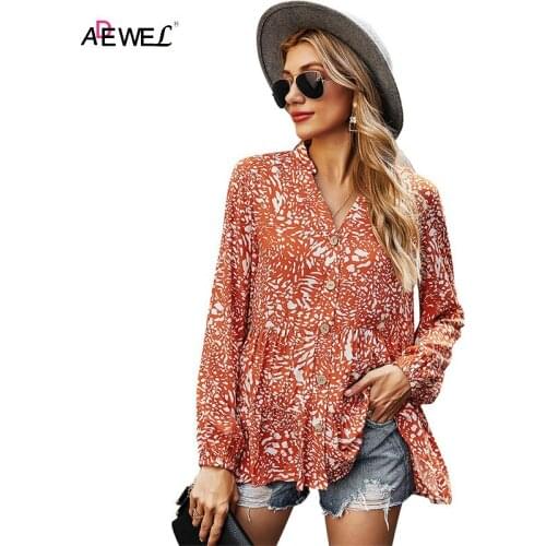 ADEWEL Long Sleeve Women Blouses 2021 Plus Size Sexy V-neck Blouse Printed Casual Tops Elegant Beach Loose Ruffle Boho Shirts