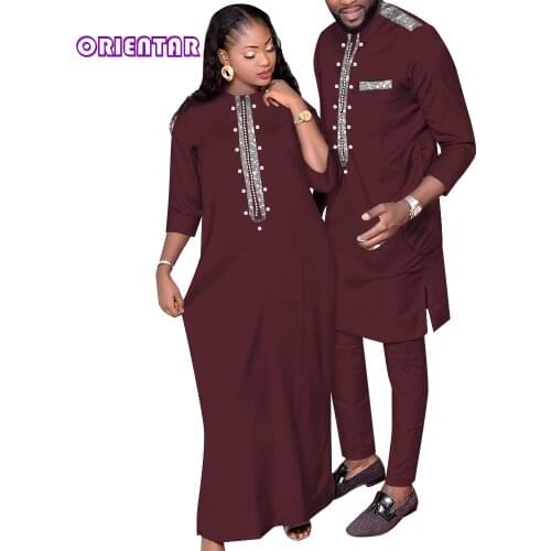 African Clothes for Couple Fashion Women Robe Dresses and Dashiki Men Robe Suit Bazin Riche Nigerian Clothes for Lovers WYQ752