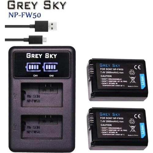 2Pcs 2000mAh NP-FW50 NP FW50 Camera Battery + LCD USB Dual Charger for Sony Alpha a6500 a6300 a6000 a5000 a3000 NEX-3 a7R