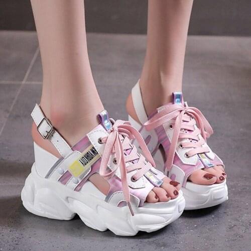 Fashion Wedge Sandals for Women Summer Mix Color Chunky Platform Sandals Woman 2021 New Round Toe Lace Up Sports Sandal