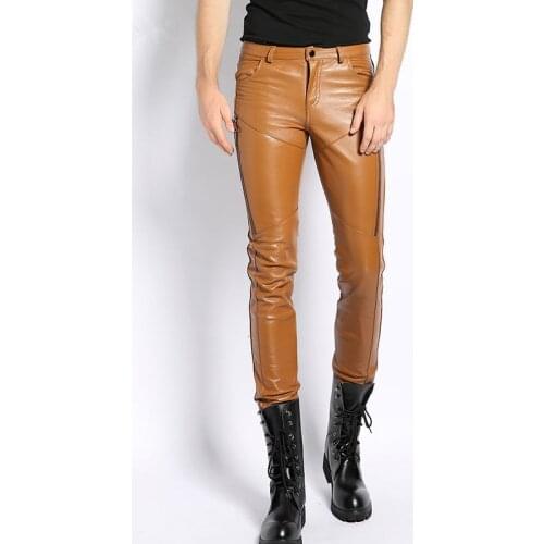 Genuine Leather Pants Men Real Sheepskin Leather Korean Skinny Tight Motorcycle Biker Male Trousers 2021 Spring Autumn Plus Size