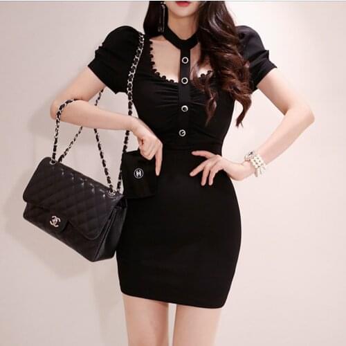 Black Bodycorn Dress Women Halter Korean Sexy Single Breasted Summer Mini Dress Hollow Out Sheath Dress Clubwear Office B233