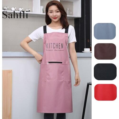 Home Kitchen Anti-fouling Sleeveless Apron with Pocket Solid Color Adult Aprons PU Waterproof H-type Straps Working Clothing