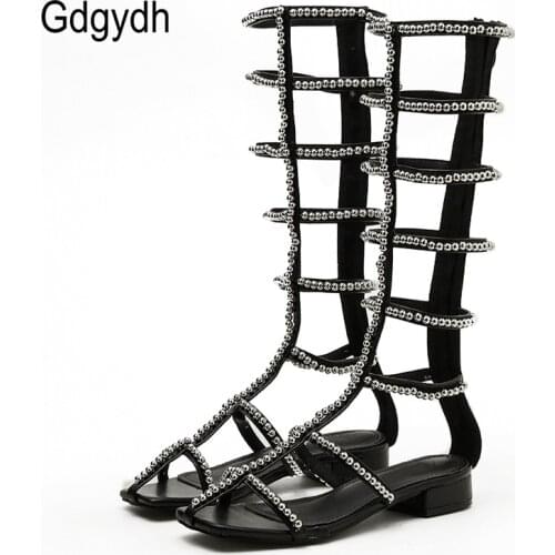 Gdgydh Roman Gladiator Bandage Sandals Women Knee High Low Heel Sexy Crystal String Bead Hollow Out Party Shoes High Quality