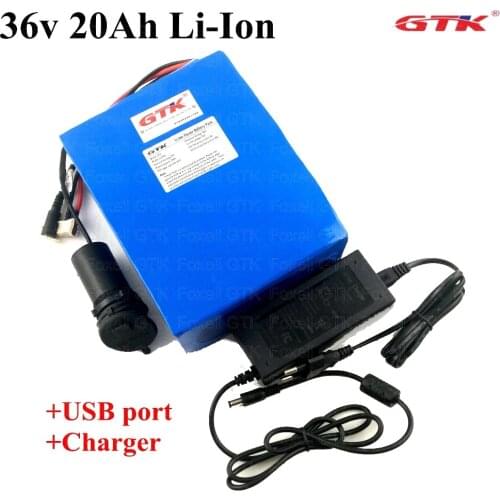 GTK 36V 20ah lithium ion battery pack 36V 10S 30A BMS for 36V 750W electric karts bike motorcycle scooter +3A charger+USB port