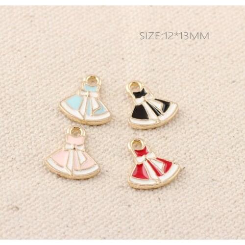 30PCS/Lot Gold Color Beautiful Enamel Dress With Bow Oil Drop Charm Pendant For DIY Fashion Female Jewelry Makings