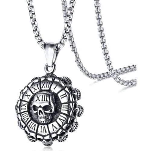 Fashion Punk Rock And Roll Wind Roman Numerals Skull Pendant Necklace Men Wholesale Vintage Necklace Jewelry