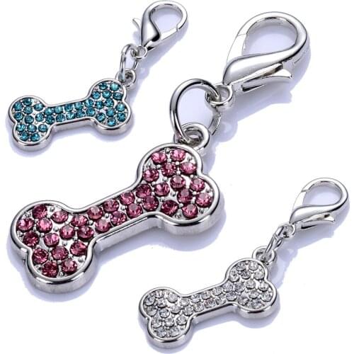 Fashion Bone Shaped Dog Tag Rhinestones Pet Necklace Pendants Charms For Dog Cat Collars Pet Accessory Supplies