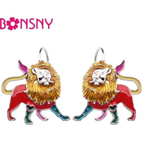 Bonsny Enamel Alloy Circus Lion Earrings French Clip Stud Africa Jungle Fashion Animal Jewelry For Girl Women Ladies Wholesale