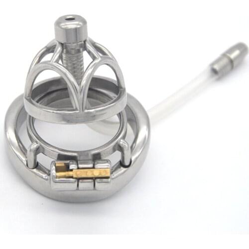 Male Chastity Device with Silicone Urethral Catheter Stainless Steel Penis Cage Chastity Penis Sleeve Sex Toy for Men G7-244B