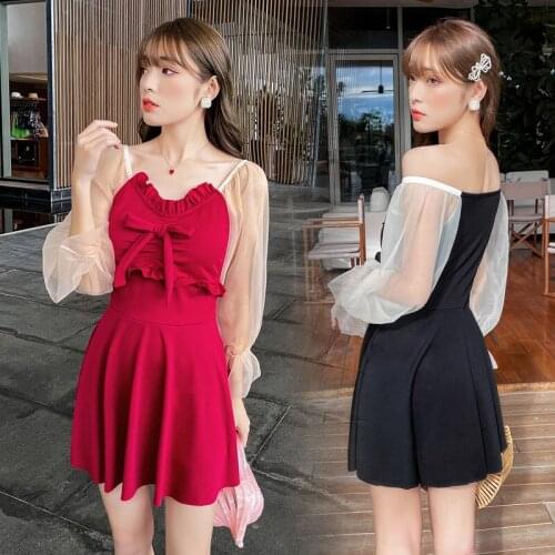 2021 New Korean Sexy Gauze Swimsuit Women Swimwear One Piece Bodysuit Push Up Monokini Bathing Suits Long Sleeve Beachskirt