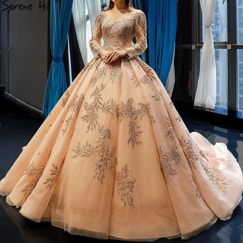 Gold Laster Design Luxury Sexy Wedding Dress 2020 Long Sleeves High-end Glitter Bridal Gowns HM66813 Custom Made