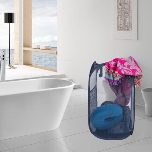 Folding Laundry Basket Home Storage Pop Up Open Blue Mesh Sorting Basket Hamper Organizer Bags For Clothes Camping Landry Room