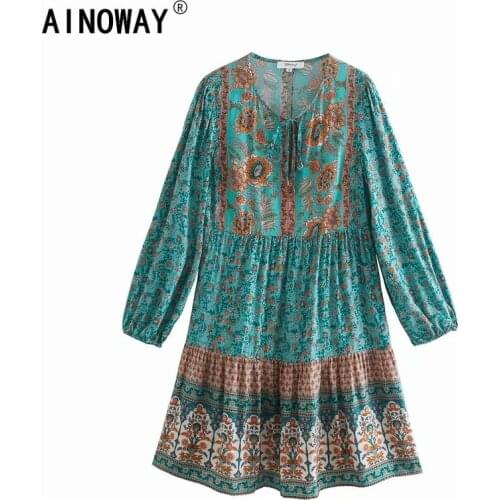 Vintage chic women lace-up tassel peacock print beach Bohemian mini dress Ladies Summer rayon cotton Boho dress vestidos